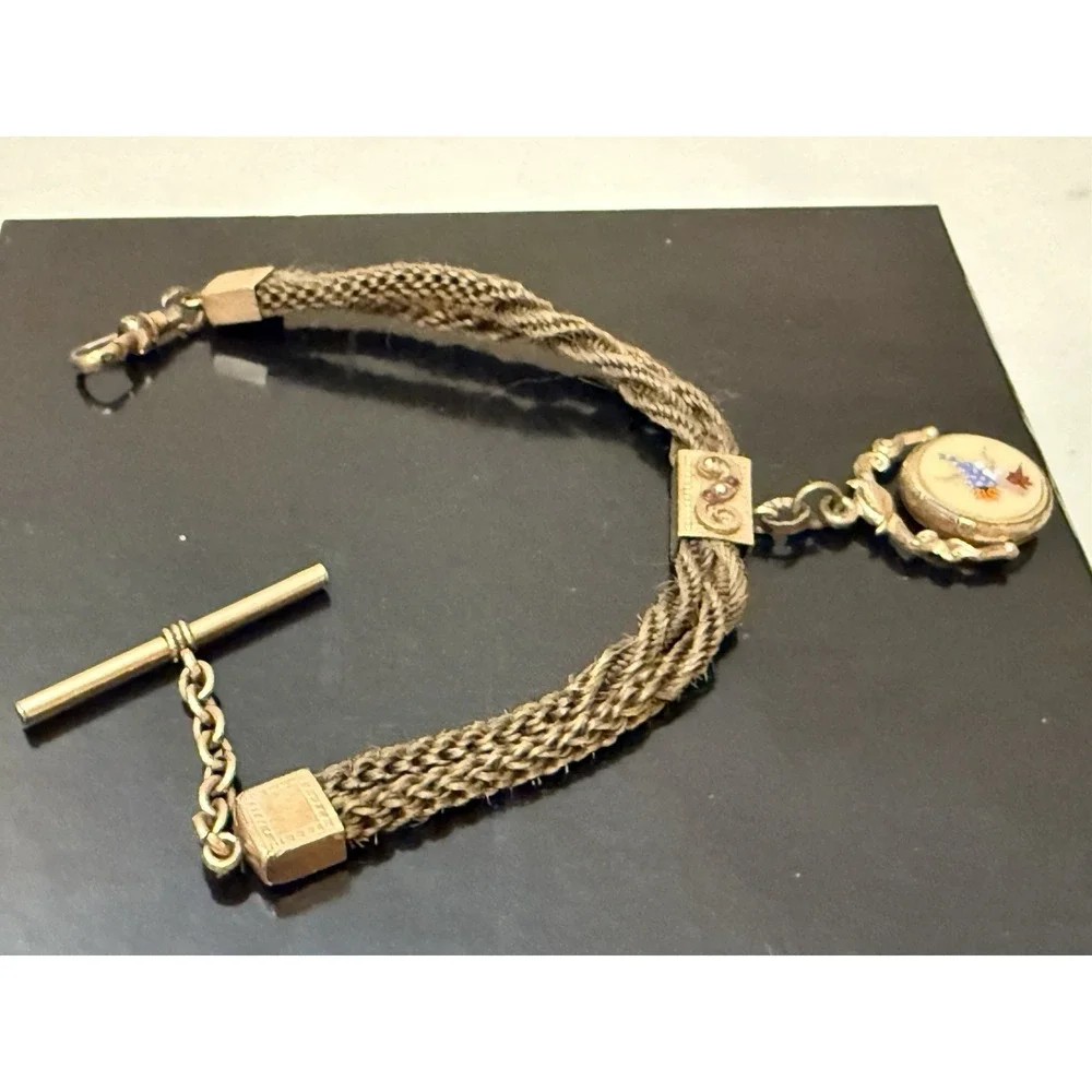 Antique Victorian Woven‎ Hair Pocket Watch Chain  Gold Filled Jewelry Mourning